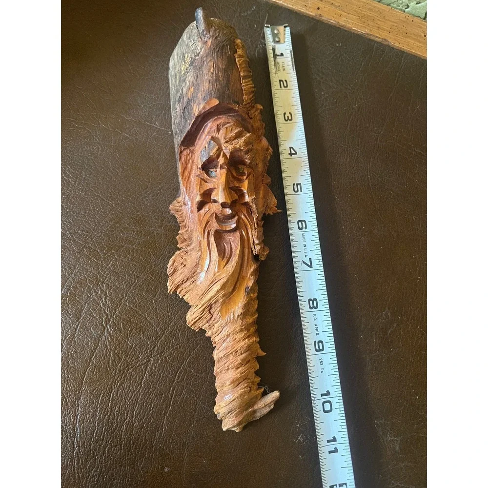 Vintage Hand Carved Wood Spirit Face Forest Wizard Folk Art Branch Carving
